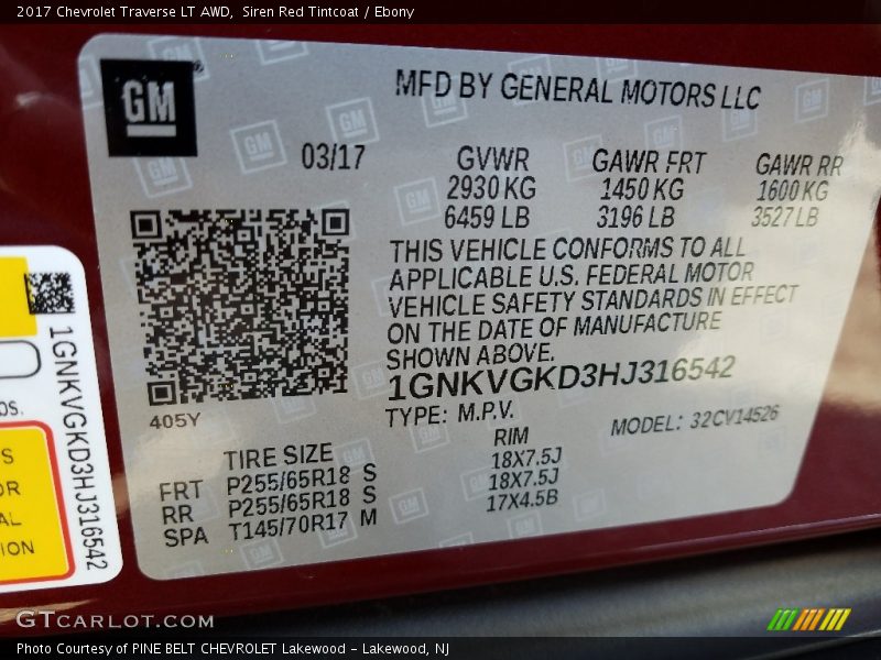 Siren Red Tintcoat / Ebony 2017 Chevrolet Traverse LT AWD