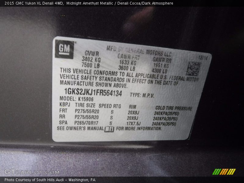 Midnight Amethyst Metallic / Denali Cocoa/Dark Atmosphere 2015 GMC Yukon XL Denali 4WD