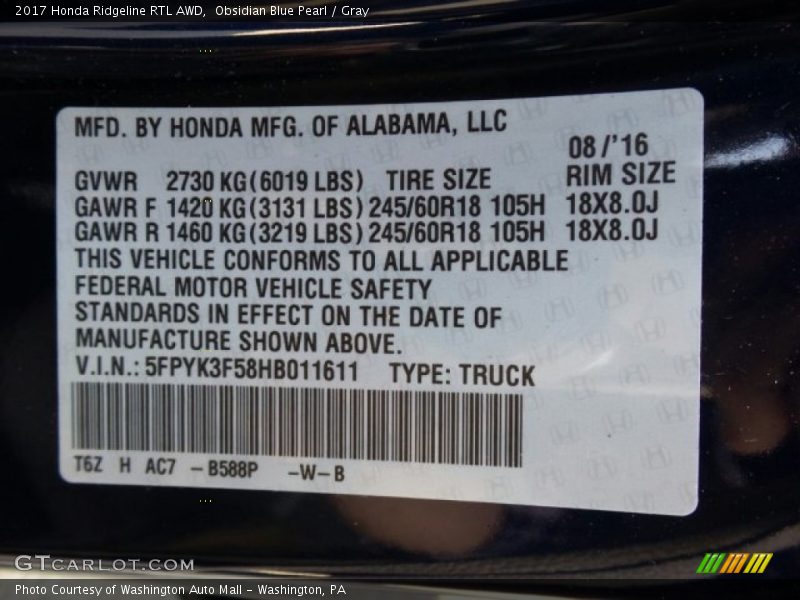 2017 Ridgeline RTL AWD Obsidian Blue Pearl Color Code B588P