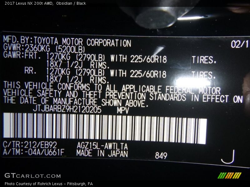Obsidian / Black 2017 Lexus NX 200t AWD