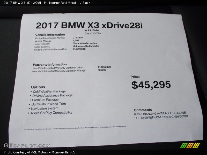 Melbourne Red Metallic / Black 2017 BMW X3 xDrive28i