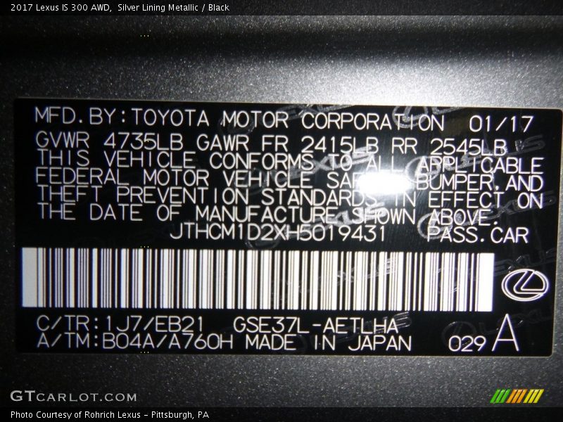 Silver Lining Metallic / Black 2017 Lexus IS 300 AWD