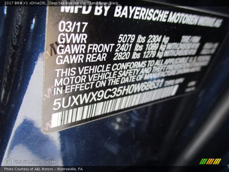 Deep Sea Blue Metallic / Sand Beige/Black 2017 BMW X3 xDrive28i