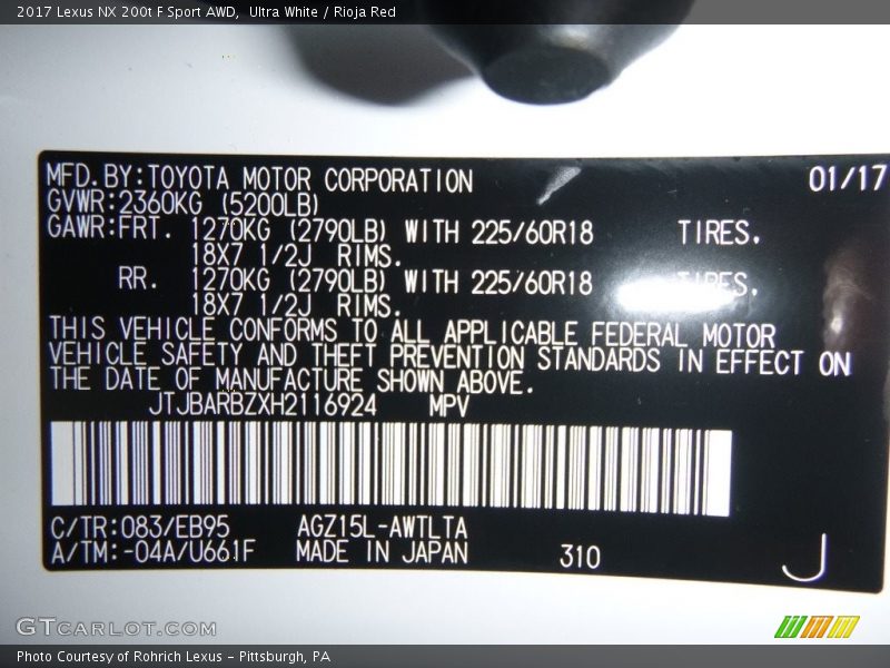 2017 NX 200t F Sport AWD Ultra White Color Code 083