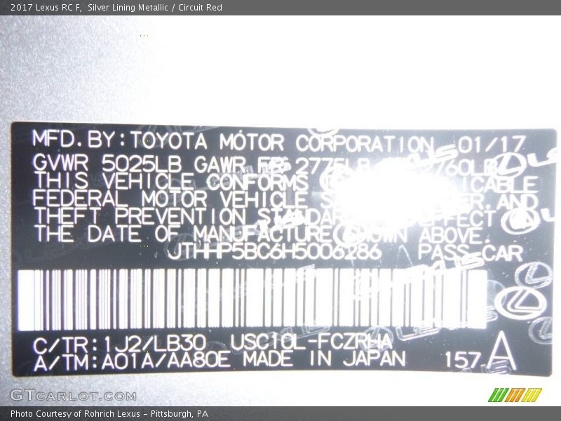 2017 RC F Silver Lining Metallic Color Code 1J2