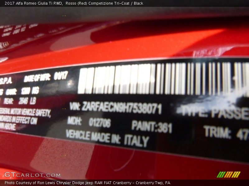 2017 Giulia Ti RWD Rosso (Red) Competizione Tri-Coat Color Code 361