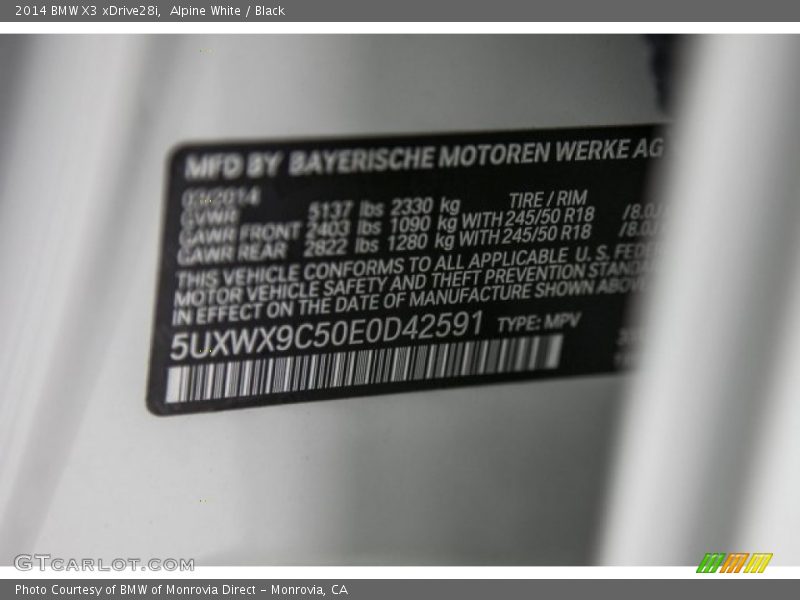Alpine White / Black 2014 BMW X3 xDrive28i