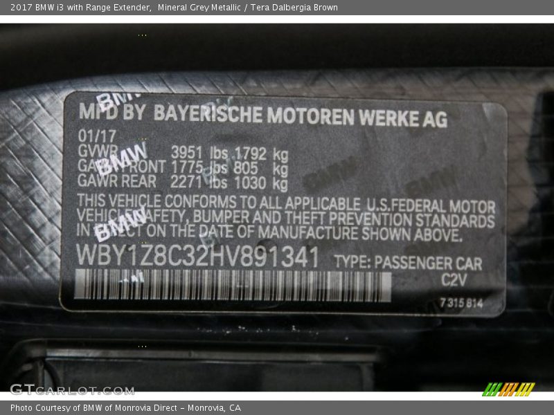Mineral Grey Metallic / Tera Dalbergia Brown 2017 BMW i3 with Range Extender