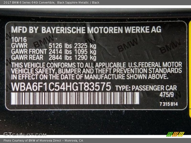 Black Sapphire Metallic / Black 2017 BMW 6 Series 640i Convertible