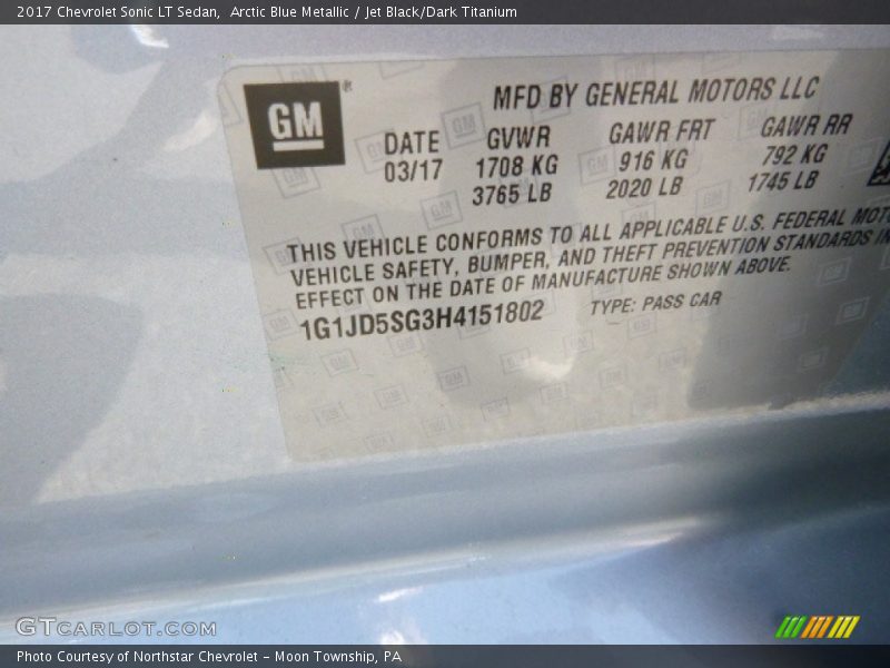 Arctic Blue Metallic / Jet Black/Dark Titanium 2017 Chevrolet Sonic LT Sedan