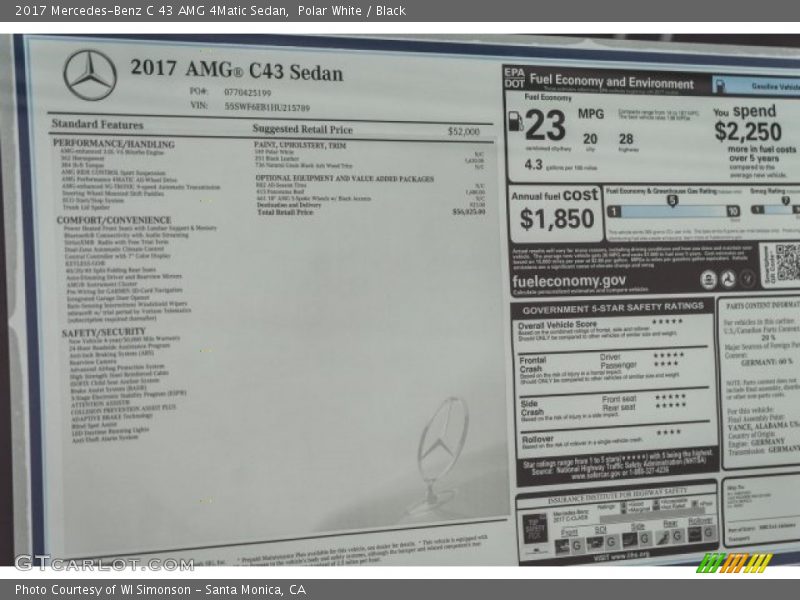  2017 C 43 AMG 4Matic Sedan Window Sticker