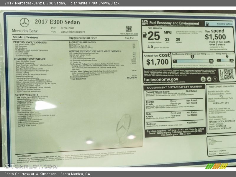  2017 E 300 Sedan Window Sticker