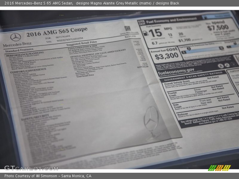  2016 S 65 AMG Sedan Window Sticker