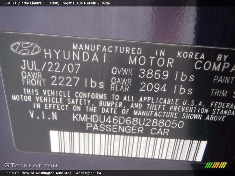 Regatta Blue Metallic / Beige 2008 Hyundai Elantra SE Sedan