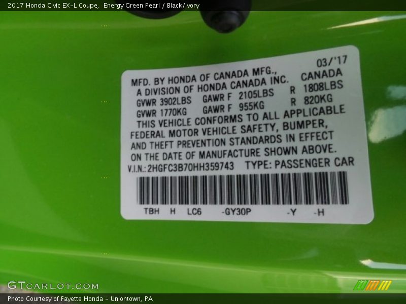 2017 Civic EX-L Coupe Energy Green Pearl Color Code GY30P