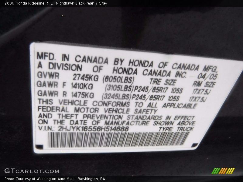 Nighthawk Black Pearl / Gray 2006 Honda Ridgeline RTL