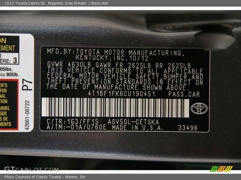 Magnetic Gray Metallic / Black/Ash 2012 Toyota Camry SE