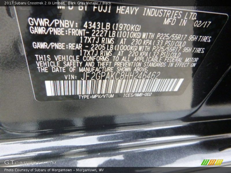 Dark Gray Metallic / Black 2017 Subaru Crosstrek 2.0i Limited