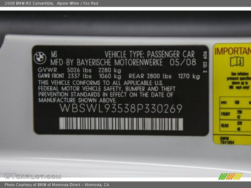Alpine White / Fox Red 2008 BMW M3 Convertible