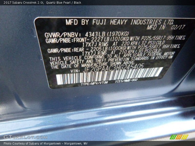Quartz Blue Pearl / Black 2017 Subaru Crosstrek 2.0i