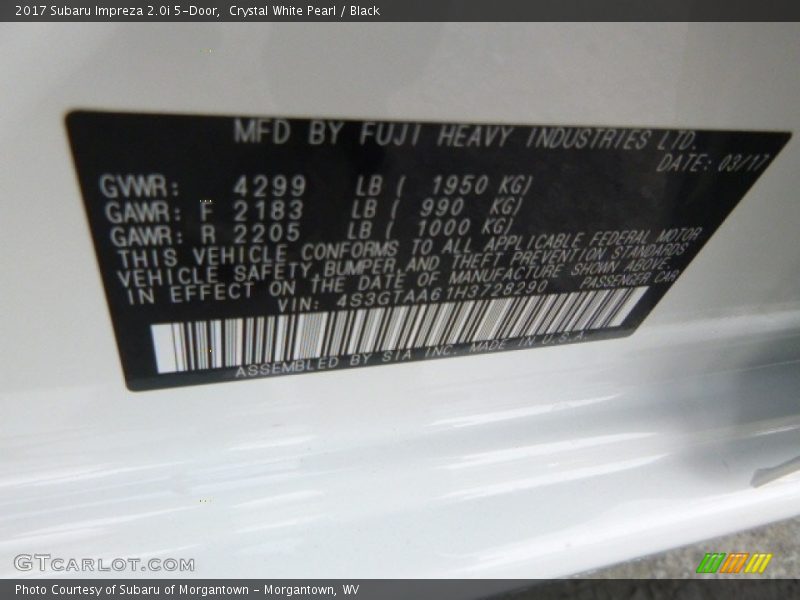 Crystal White Pearl / Black 2017 Subaru Impreza 2.0i 5-Door