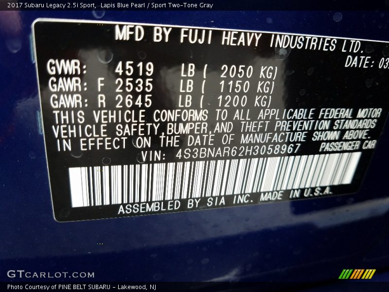 Lapis Blue Pearl / Sport Two-Tone Gray 2017 Subaru Legacy 2.5i Sport