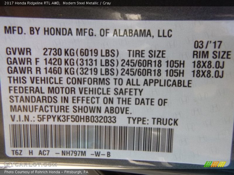 Modern Steel Metallic / Gray 2017 Honda Ridgeline RTL AWD