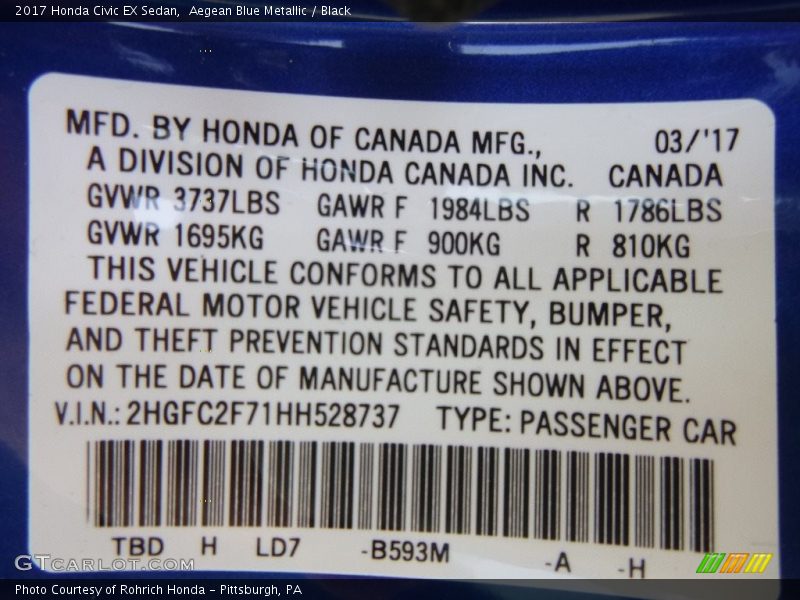 Aegean Blue Metallic / Black 2017 Honda Civic EX Sedan