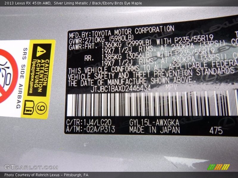 Silver Lining Metallic / Black/Ebony Birds Eye Maple 2013 Lexus RX 450h AWD
