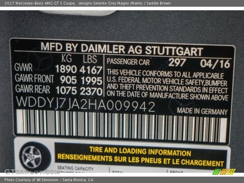 2017 AMG GT S Coupe designo Selenite Grey Magno (Matte) Color Code 297