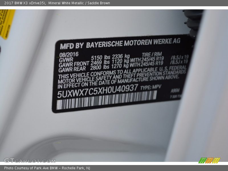 Mineral White Metallic / Saddle Brown 2017 BMW X3 xDrive35i