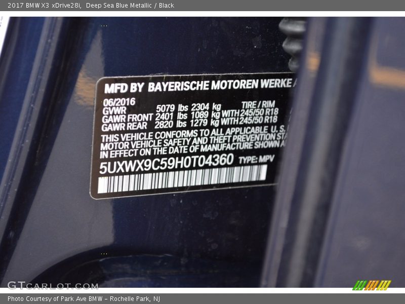 Deep Sea Blue Metallic / Black 2017 BMW X3 xDrive28i