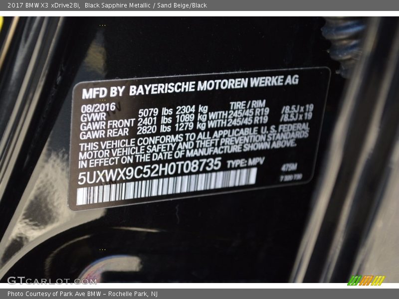 Black Sapphire Metallic / Sand Beige/Black 2017 BMW X3 xDrive28i