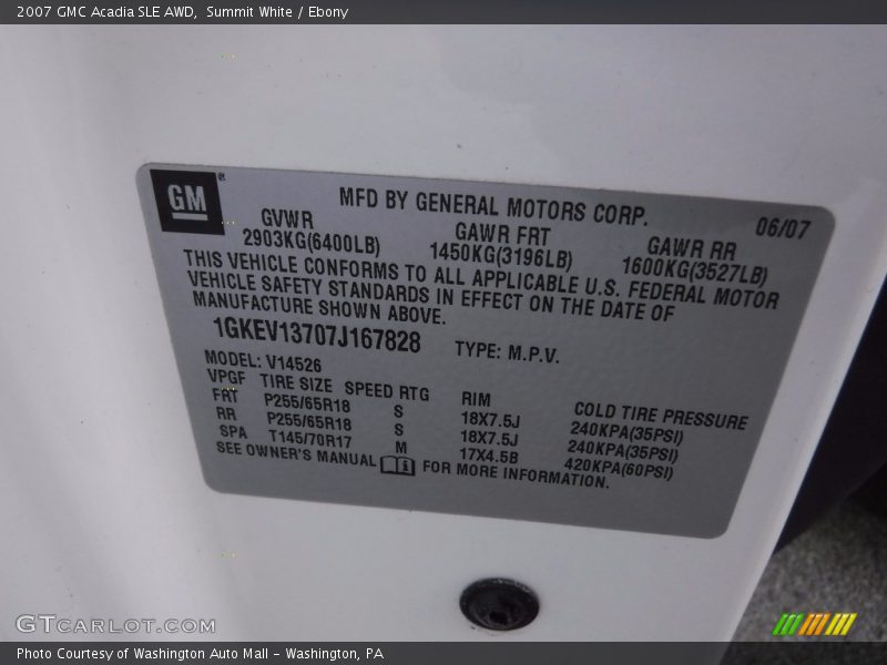 Summit White / Ebony 2007 GMC Acadia SLE AWD