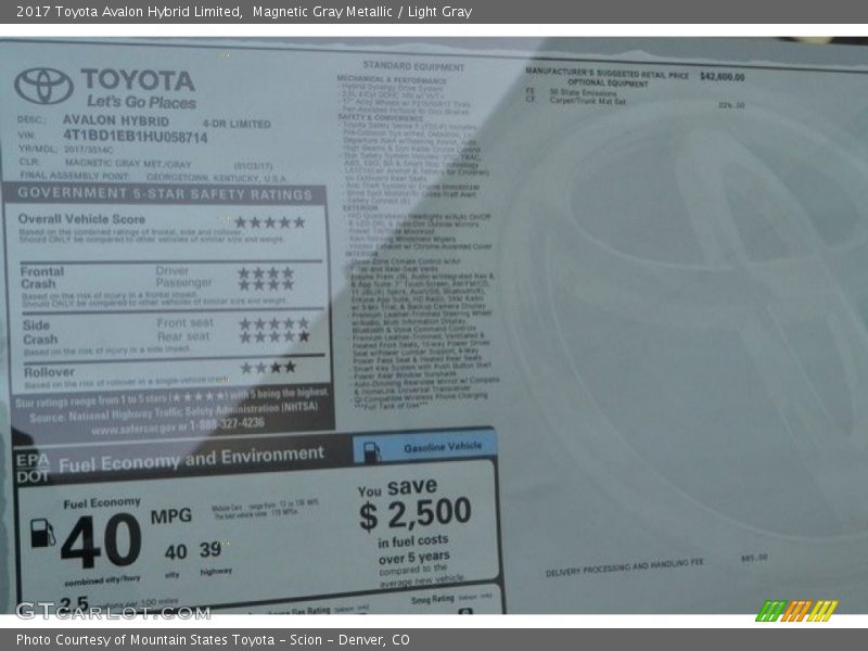 Magnetic Gray Metallic / Light Gray 2017 Toyota Avalon Hybrid Limited