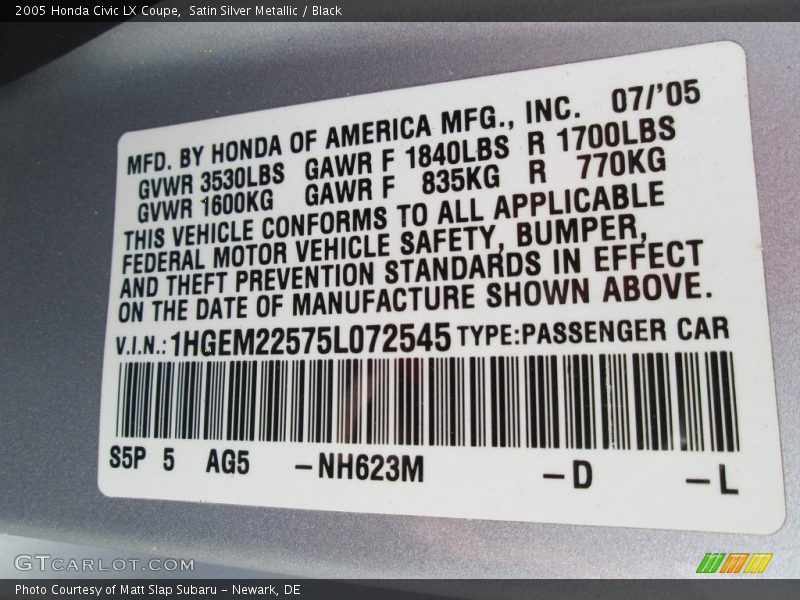 Satin Silver Metallic / Black 2005 Honda Civic LX Coupe