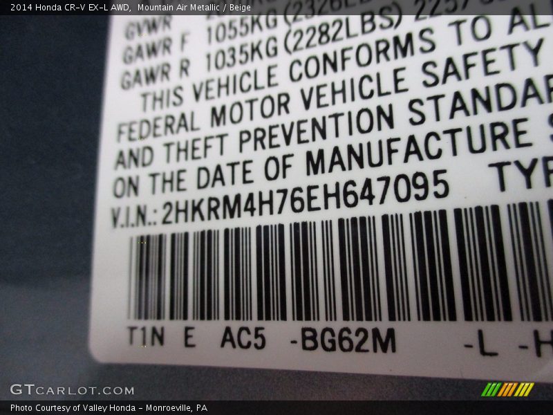 Mountain Air Metallic / Beige 2014 Honda CR-V EX-L AWD