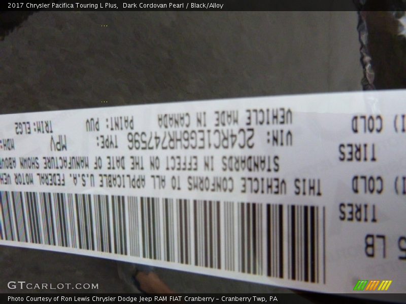 Dark Cordovan Pearl / Black/Alloy 2017 Chrysler Pacifica Touring L Plus