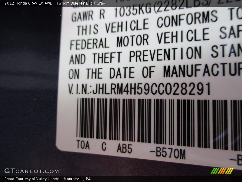 Twilight Blue Metallic / Gray 2012 Honda CR-V EX 4WD