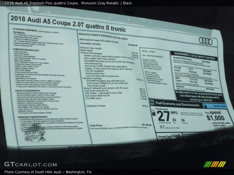  2018 A5 Premium Plus quattro Coupe Window Sticker