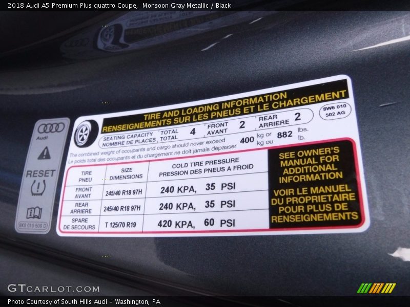 Info Tag of 2018 A5 Premium Plus quattro Coupe