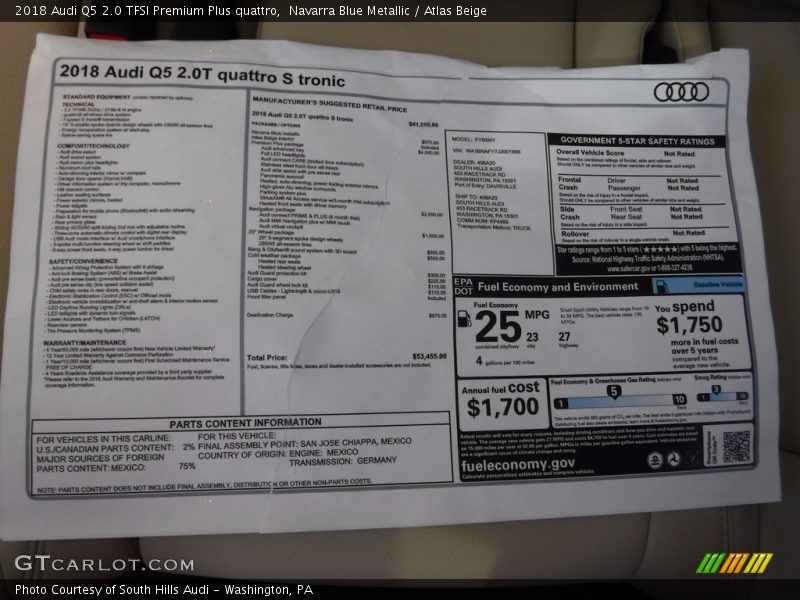  2018 Q5 2.0 TFSI Premium Plus quattro Window Sticker