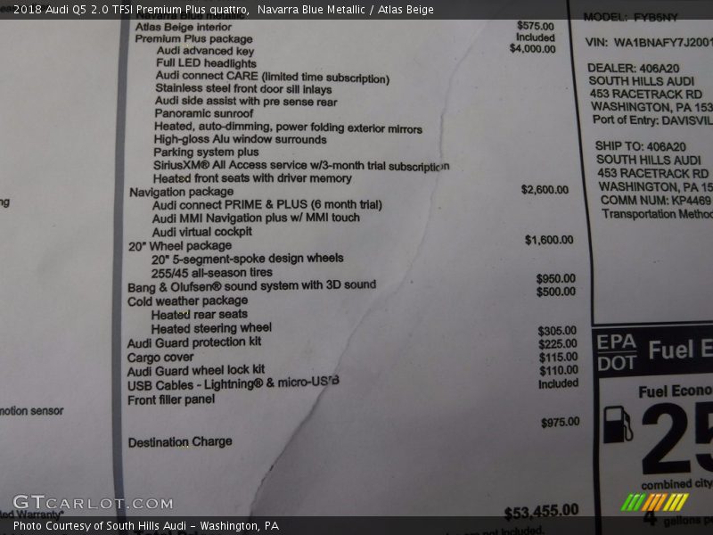  2018 Q5 2.0 TFSI Premium Plus quattro Window Sticker