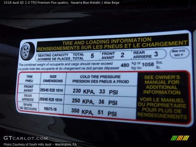 Info Tag of 2018 Q5 2.0 TFSI Premium Plus quattro