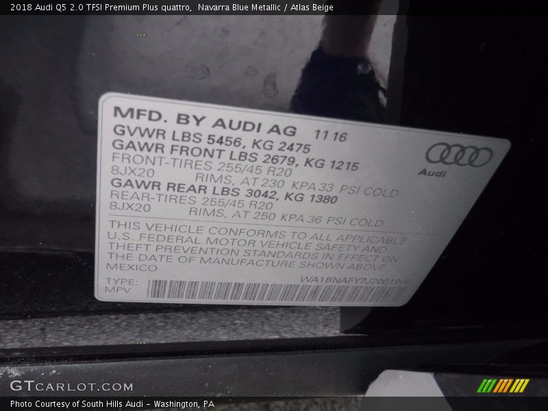 Navarra Blue Metallic / Atlas Beige 2018 Audi Q5 2.0 TFSI Premium Plus quattro