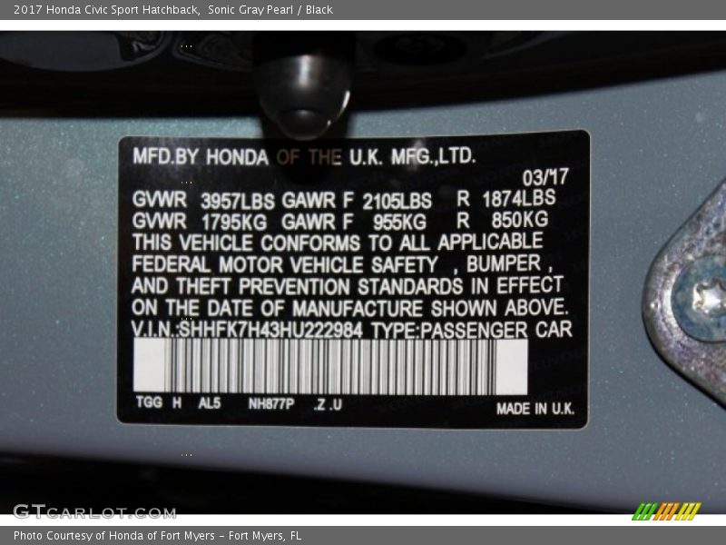 Sonic Gray Pearl / Black 2017 Honda Civic Sport Hatchback