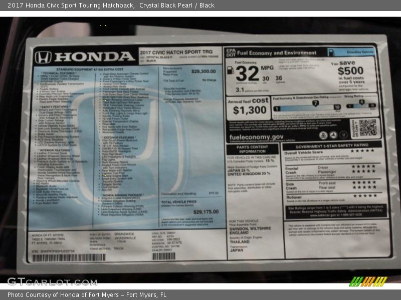 Crystal Black Pearl / Black 2017 Honda Civic Sport Touring Hatchback