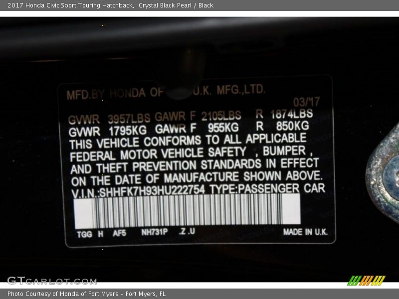 Crystal Black Pearl / Black 2017 Honda Civic Sport Touring Hatchback