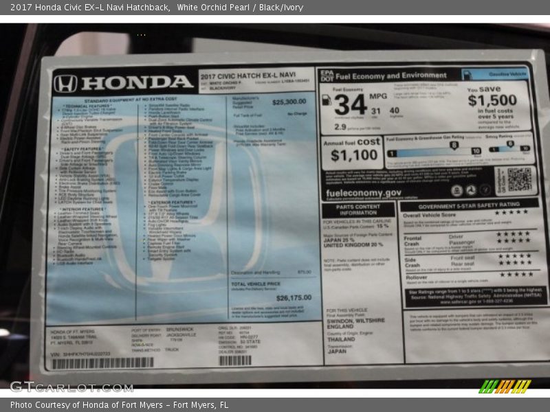 White Orchid Pearl / Black/Ivory 2017 Honda Civic EX-L Navi Hatchback