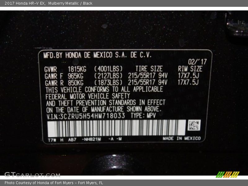 Mulberry Metallic / Black 2017 Honda HR-V EX